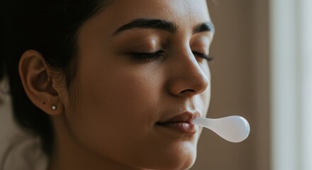 Serene Woman Practicing Lip Strengthening Exercises with Facial Device