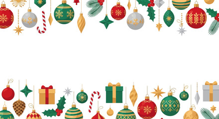 A festive Christmas holiday border with a collection of hanging ornaments, gift boxes, and candy canes on a white background