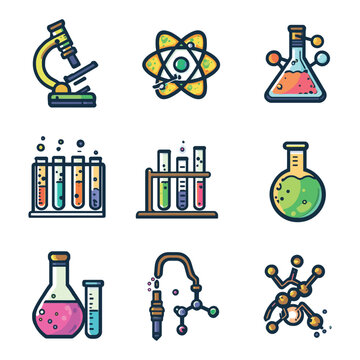 Cute Science Equipment Sticker Set with Laboratory and Molecular Elements