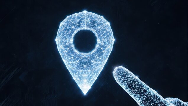 Digital Finger Touching Luminous Networked Location Pin on Dark Background.