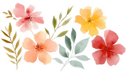 Obraz premium Generate soft watercolor flowers in the colors peach, red , mustard yellow and leaves pistachio color