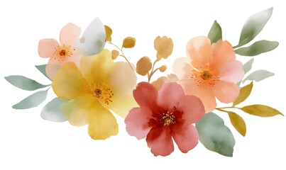 Naklejka premium Generate soft watercolor flowers in the colors peach, red , mustard yellow and leaves pistachio color