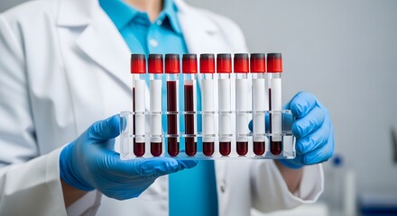 Person holding rack of blood samples in test tubes in a laboratory