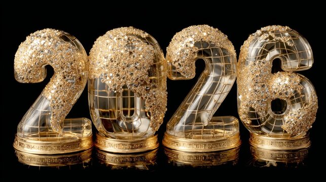 Glistening golden 2026 numbers with sparkling details create a festive and optimistic atmosphere for the new year celebration