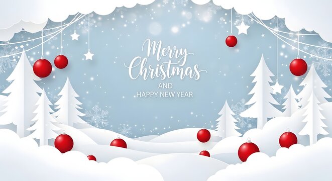 Winter wonderland merry christmas scene with red ornaments and snow