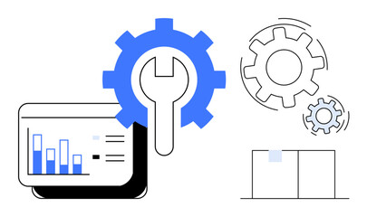 Blue gear with wrench and line graph beside abstract cog and chart. Ideal for data management, analytics, optimization, troubleshooting, system update, technology, innovation. Simple flat metaphor