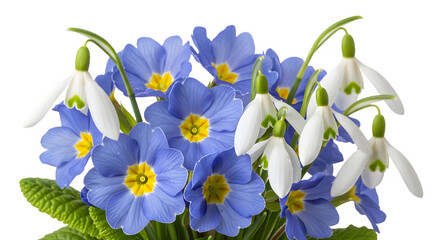 Spring bouquet with blue primroses and snowdrops a fresh floral arrangement isolated on white