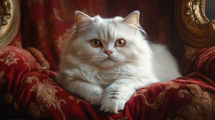 Naklejka na ściany i meble Luxurious White Fluffy Persian Cat with Golden Eyes Resting on Rich Red Velvet Brocade Sofa in Opulent Room