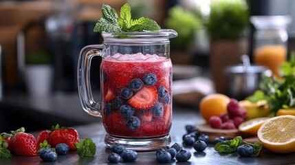 Refreshing Berry Infused Water With Mint Garnish In A Glass Jar With Fresh Fruits On A Dark Countertop In Soft Lighting