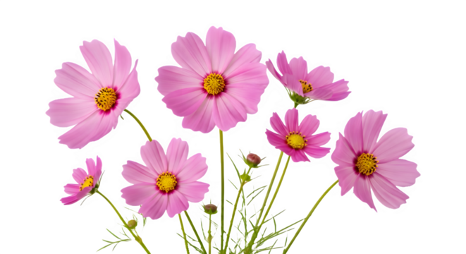 Pink cosmos flowers blooming isolated on white a vibrant floral arrangement for spring designs and botanical illustrations