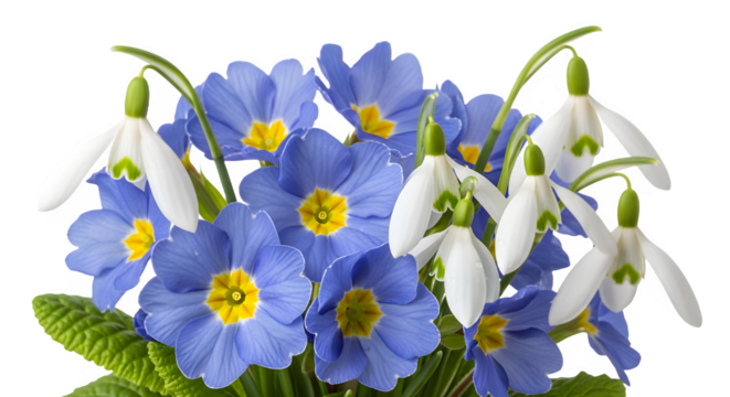 Spring bouquet with blue primroses and snowdrops a fresh floral arrangement isolated on white