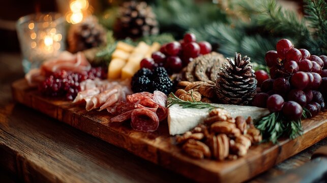 Delicious charcuterie board with fruits, nuts, and meats on wooden table beside pine cones and candles