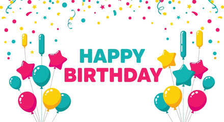 A festive Happy Birthday celebration background with colorful balloons, star shapes, and falling confetti decoration