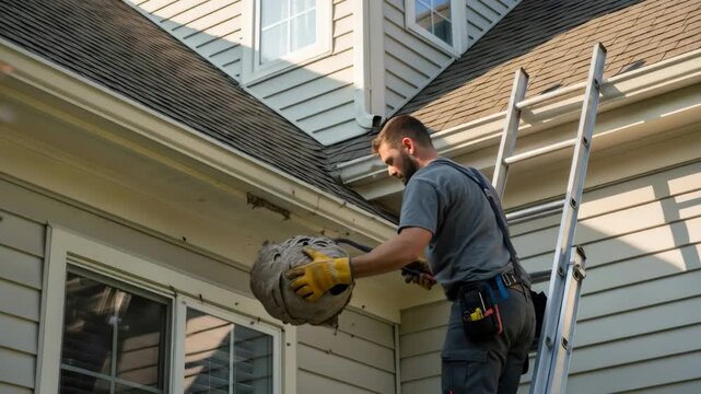 Professional man removal of a large wasp nest from a house exterior as pest control. Home maintenance and property protection from insect infestation.