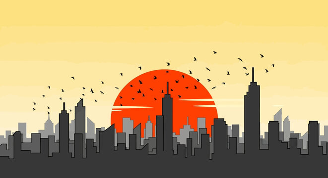 Cityscape Silhouette at Sunset - Urban Skyline with Towering Buildings.