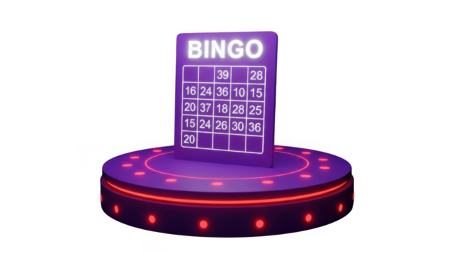 Glowing neon bingo card with numbers on a purple circular platform isolated on transparent background