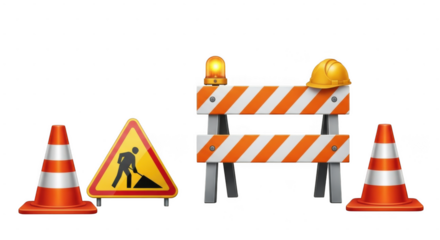 Construction safety equipment including barriers, cones, and signs isolated on transparent background