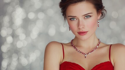 Elegant woman in red dress showcasing exquisite jewelry against a sparkling background