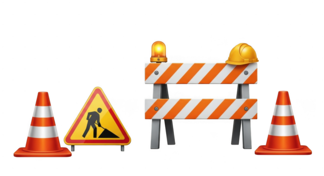 Construction safety equipment including barriers, cones, and signs isolated on transparent background