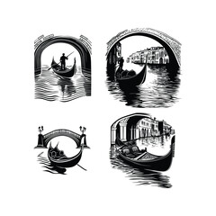 Set of four detailed monochrome illustrations depicting gondolas navigating the canals of Venice