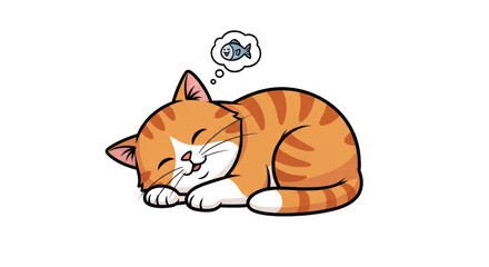 Cartoon kitten dreaming of fish illustration on a transparent background
