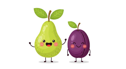 Cartoon pear and plum characters with cheerful expressions and transparent background