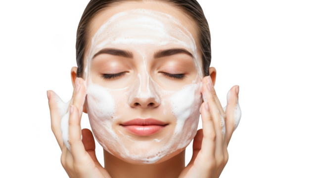 Young woman applying white cream on face with eyes closed, isolated on transparent background