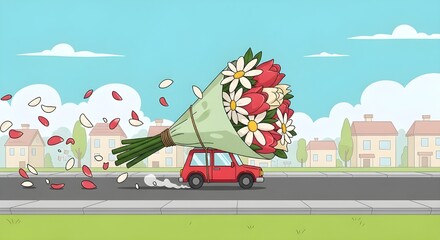 a tiny car drives down a street carrying a bouquet so enormous it covers the roof, petals flying in the wind.