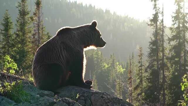 Brown bear sitting on a rock in a forest.