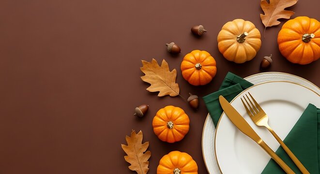 Autumnal table setting with pumpkins and fall leaves