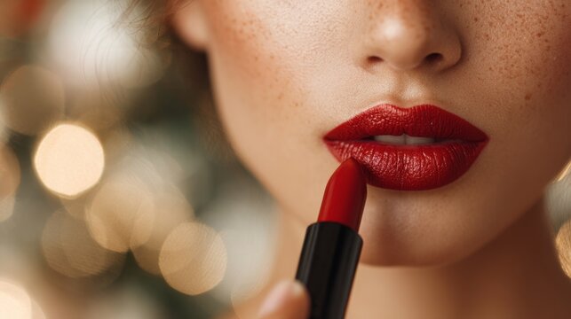Applying bold red lipstick for a festive look at a holiday gathering