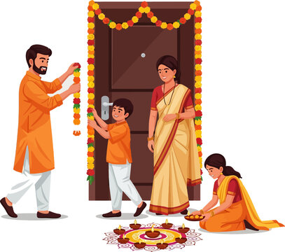 Vector illustration of Indian family decorating home entrance with garlands and rangoli during Diwali celebration