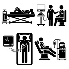 Medical Procedure Icons Set: Patient Care, Dialysis, ECG Monitoring, and Vaccination