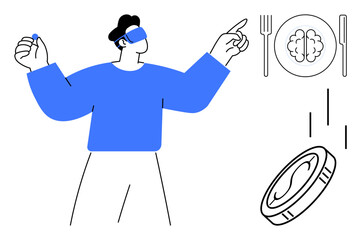 Individual using virtual reality headset, brain on plate with utensils, falling coin. Ideal for technology, innovation, VR, mindfulness, economy health creativity. Simple flat metaphor