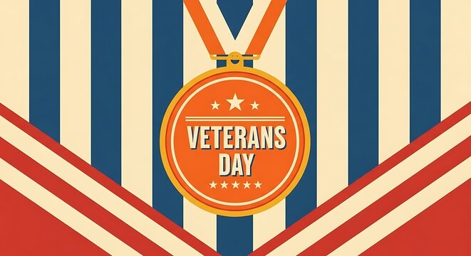 Veterans day medal with american flag stripes background