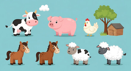 Obraz premium Cute cartoon farm animals illustration with cow, pig, chicken, horses, and sheep on a blue background with a barn and tree.