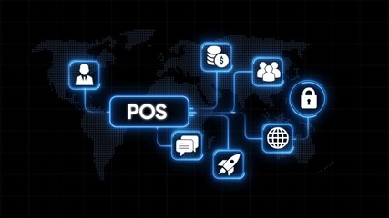 Digital P O S system network connections global business finance technology abstract concept with icons for money people communication security rocket and world map background - Powered by Adobe