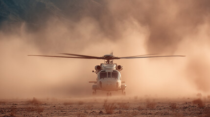 Obraz premium A helicopter is flying through a sandy desert