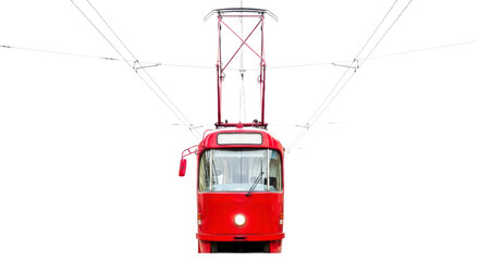Front view of a red tram with overhead cables against a transparent background