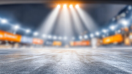 A blurred industrial setting with illuminated ground, perfect for showcasing machinery or events in a dynamic environment.