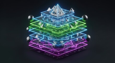 Abstract layered neon pyramid with geometric shapes on a dark background