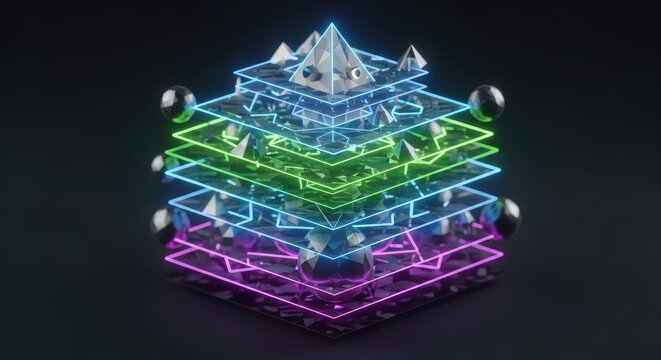 Abstract layered neon pyramid with geometric shapes on a dark background