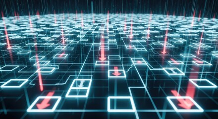 Abstract Technology Network with Red Arrows Signifying Data Flow and Connection
