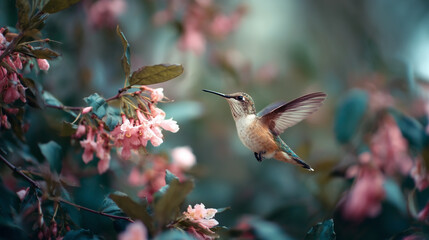 Fototapeta premium A hummingbird is flying over a bush with pink flowers