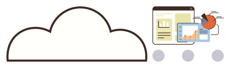 Cloud outline connected to a chart, tablet, and report. Ideal for technology, cloud computing, data analysis, storage, digital management business growth IT concepts. Simple flat metaphor