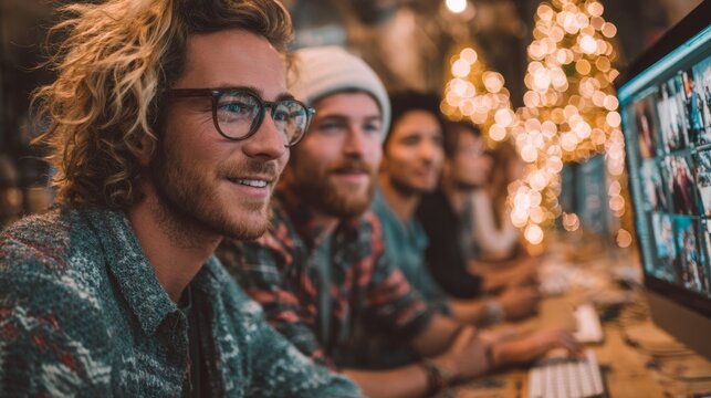 Group of friends working on computers in a cozy cafe during the evening with holiday lights in the background - Powered by Adobe