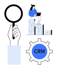 Hand holding magnifying glass, gear with CRM text, and woman on stacked bar chart working on laptop. Ideal for business, strategy, analysis, productivity, customer management, technology data