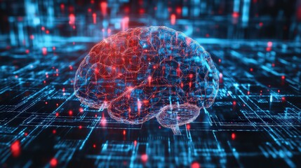 A digital brain illuminated with red and blue lights on a circuit board background with connections