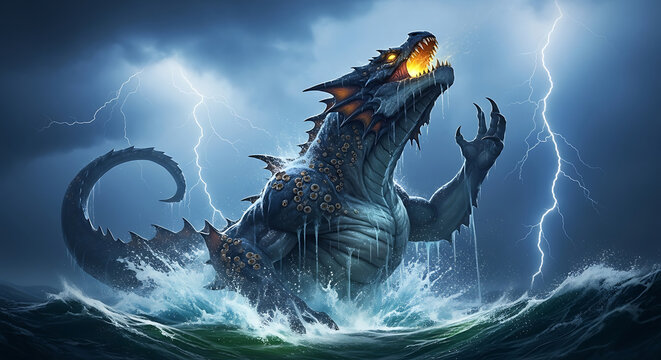 A colossal sea monster with glowing eyes and mouth emerges from stormy ocean waters under a lightning-filled sky.
