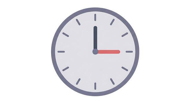 Flat design illustration of a round analog clock with grey hands indicating the time as three o'clock.